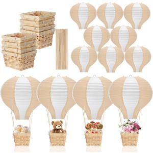 Meooeck 8 Sets Hot Air Balloons Decorations Baby Shower Table Centerpieces 11.8'' Paper Lantern with Basket for Gender Reveal Birthday Wedding Nurse Graduation Party (Light Brown)