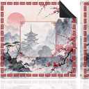 Chinoiserie Mahjong Mat for Table, Traditional Chinese Red Cherry Blossom Sunset Mountain 31.5" x 31.5" Non-Slip & Noise Reduction Mahjong Mat for Poker Dominoes Cards & Board Games