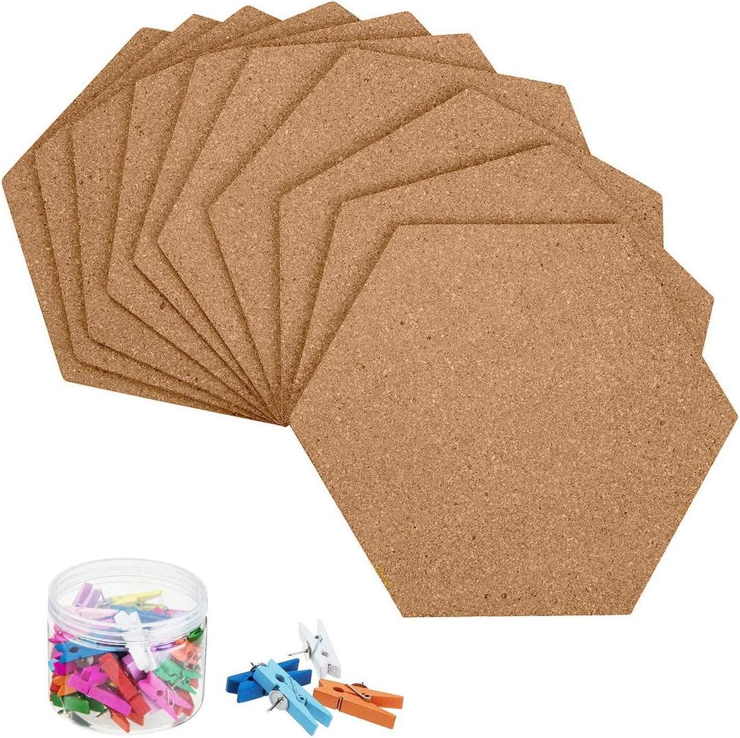 HBlife Hexagon Cork Board Tiles 10 Pack Self-Adhesive Corkboards for Wall Pin Board Decorative Bulletin Board for Office Home Kitchen with 50 Multi-Color Push Pins (Maximum Size8inch, Brown)