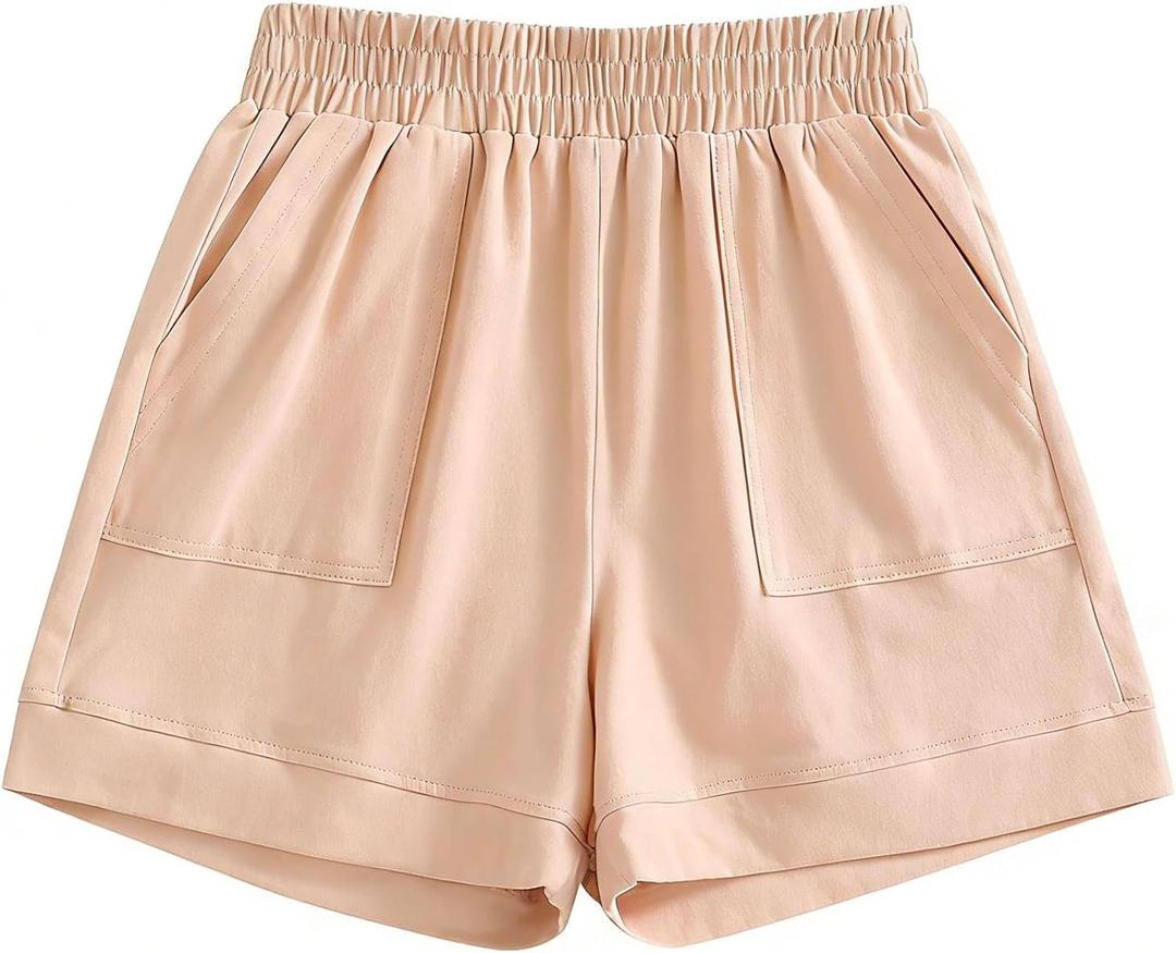 Girls Shorts Cute Summer Elastic Waist Baggy Casual SweatShorts with Pockets Beige 7-8 Years (Beige)
