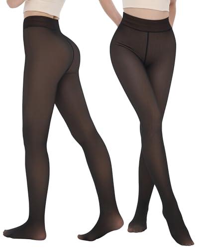 IceROSE 1 Pair Fleece Lined Thermal Tights for Women – Sheer Black Pantyhose Warm Winter Thick Fake Translucent Leggings Size Regular