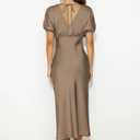 Satin V Neck Puffy Sleeves Silk Midi Dresses Empire Waist Elegant Tie Back Formal Cocktail Dress for Women Wedding Guest (Beige, L)