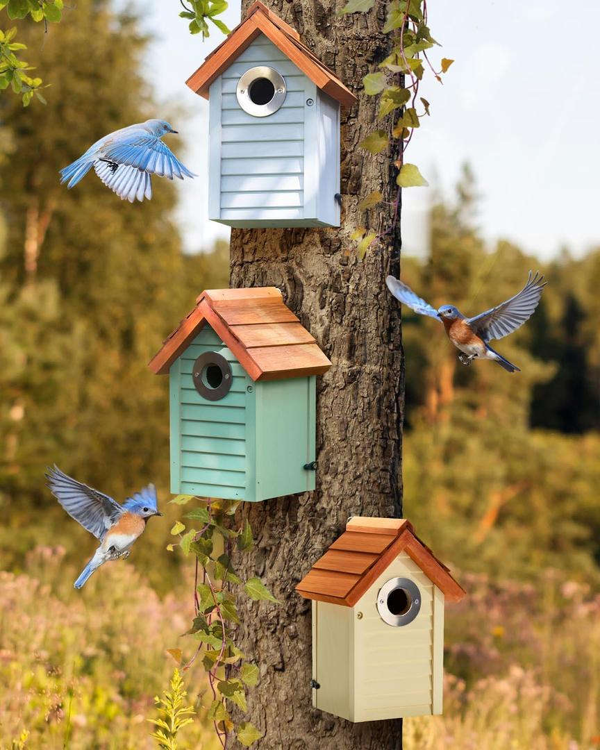 Bluebird Bird Houses for Outside Clearance - Set of 3 Nest Box with Stainless Steel Predator Guard - Alaskan Red Cedar Shingles Roof - UV Painting - 10 Years Outdoor(Beach Hut Houses)