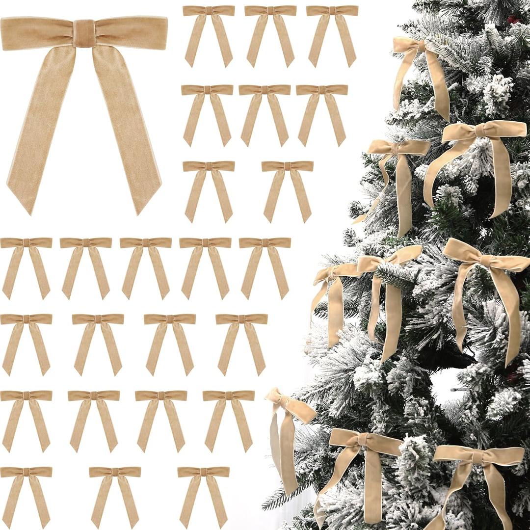 Sea Team 24-Pack Velvet Ribbon Bows, Decorative Bowknot for Christmas Tree, Wreath, Garland, Art Crafts, Bouquets, Seasonal Decorations, Beige (1'' Wide, 5 x 7 Inch)