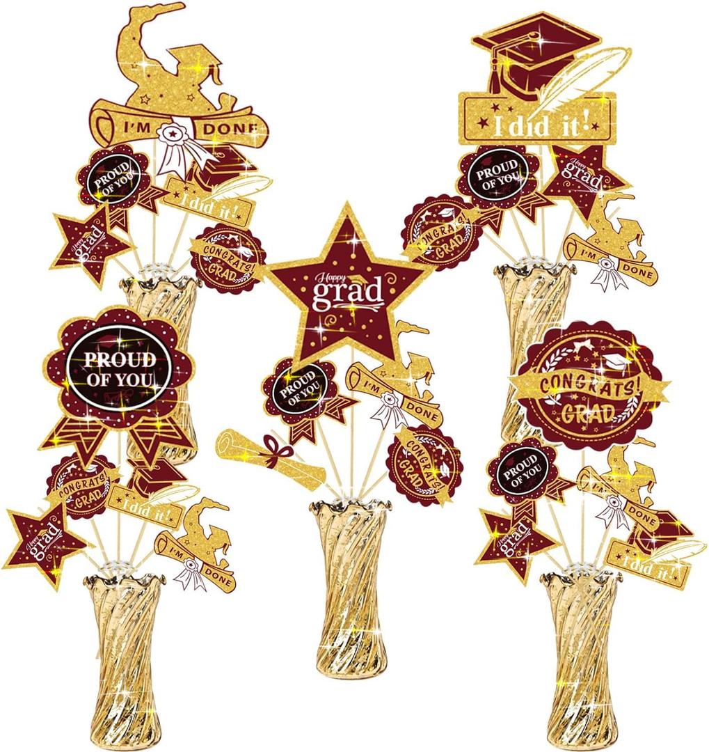 Graduation Party Decorations Maroon Gold 2025/Burgundy Gold Graduation Table Decorations Maroon Table Centerpieces-24Pcs Burgundy Gold Black Graduation Sticks Class of 2025 Table Topper