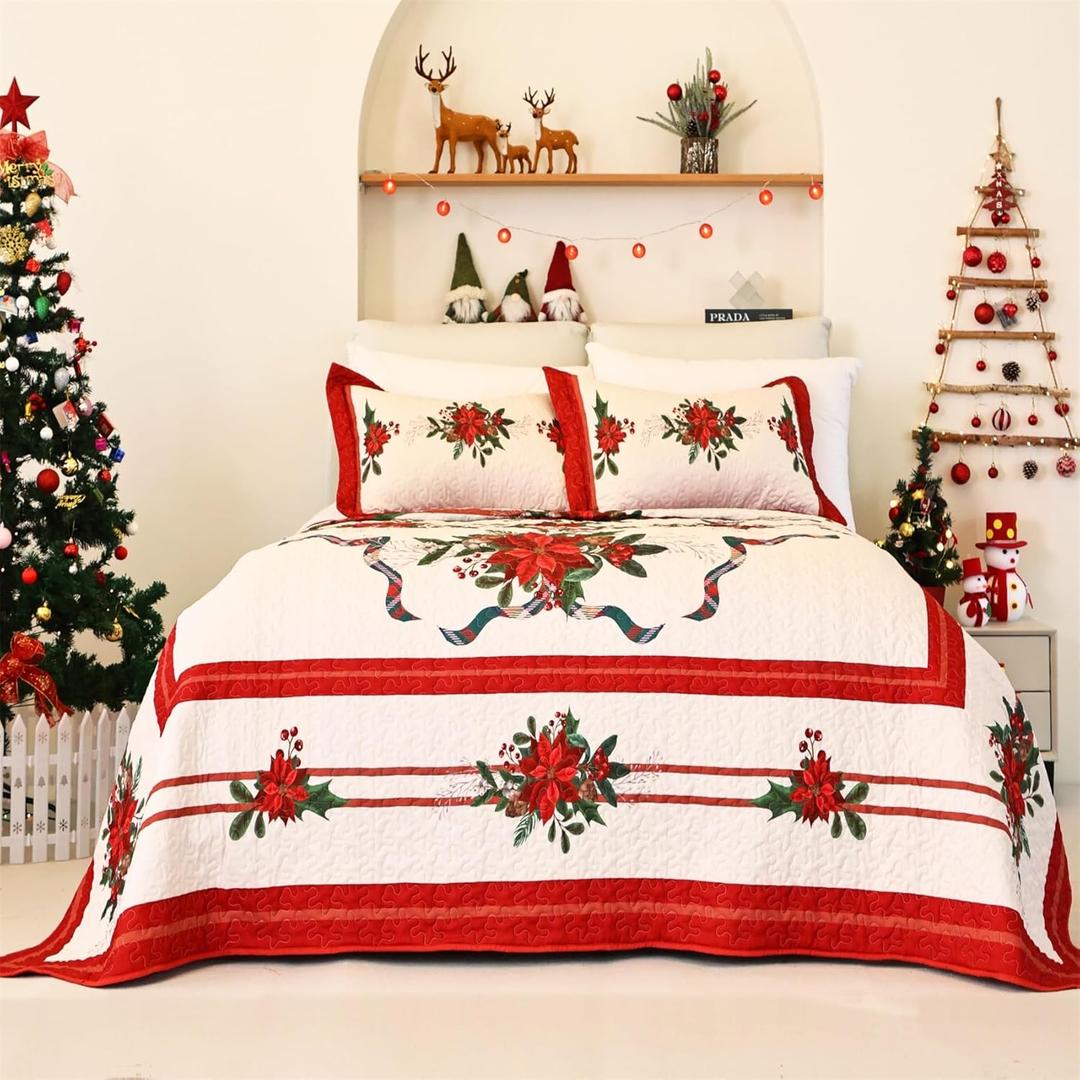 Cmfshape Christmas Bedspread King Size,Red Lightweight Quilt Set 3Pcs,Christmas Floral Pattern Bedding,Reversible Coverlet for All Season,Home Decoration for New Year (Red,King106 x96)
