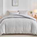 WARMDERN King Boho Duvet Cover Set, Light Grey Striped Microfiber 3pcs Bedding, Zipper Closure, Tufted Bohemian Design, Ultra Soft, Machine Washable