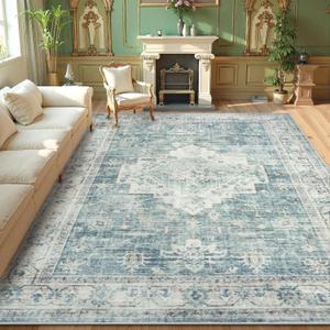 LIVEBOX Washable Area Rug 9x12 Rugs for Living Room Bedroom, Non-Slip Boho Indoor Carpet for Dining Room Office, Low-Pile Farmhouse Soft Carpets for Kids Nursery Room Playroom, Blue