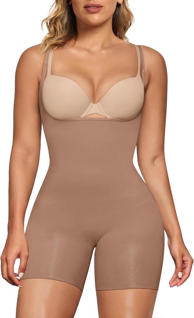 SHAPERX Open Bust Shapewear Tummy Control Bodysuits for Women Seamless Compression High Waisted Body Shaper (Small-Medium, Sienna(shorts))