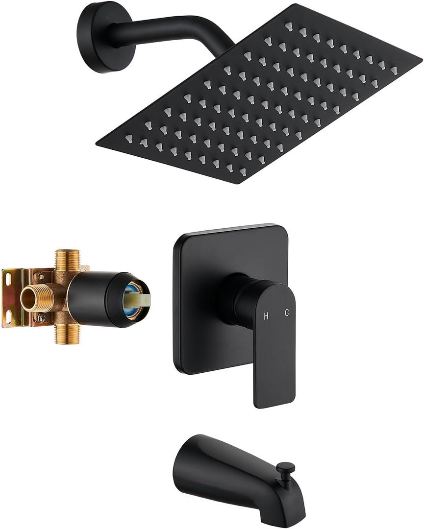 Black Tub Shower Faucet Set Complete with 8-Inch Rainfall Shower Head and Tub Spout Included Shower Valve Tub Shower Trim Kit Matte Black