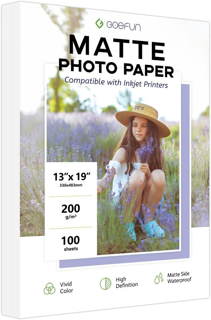 13x19 Matte Photo Paper, Goefun 200 GSM/54 LB Inkjet Photo Paper for Printer 100 Sheets for Posters and Art Prints