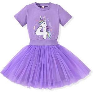 4th Birthday Outfit Girl,4 Year Old Fourth Four Shirt Skirt Outfit for Toddler Girls (Purple, 110)