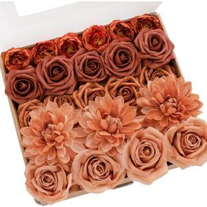 Ling's Moment Artificial Flowers Fake Silk Dahlia Faux Foam Roses Combo for DIY Wedding Bouquets Centerpieces Arrangements Bridal Shower Party Home Decorations, Amber & Terracotta, 23pcs