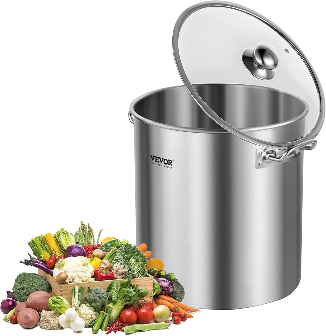 VEVOR Stainless Steel Stockpot, 24 Quart Cooking Pots, Cookware Sauce Pot with Lid, and Handle, Heavy Duty Commercial Grade Stock Pot, Sanding Treatment, for Steaming Boiling or Frying Silver