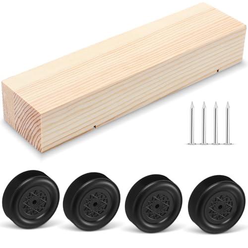 Pinkunn 9 Pcs/ 1 Sets Pinewood Car Kit Wooden Derby Race Cars, Includes 1 Pine Block, 4 Wheels, and 4 Metal Axle Pins for DIY Crafts Car Toys
