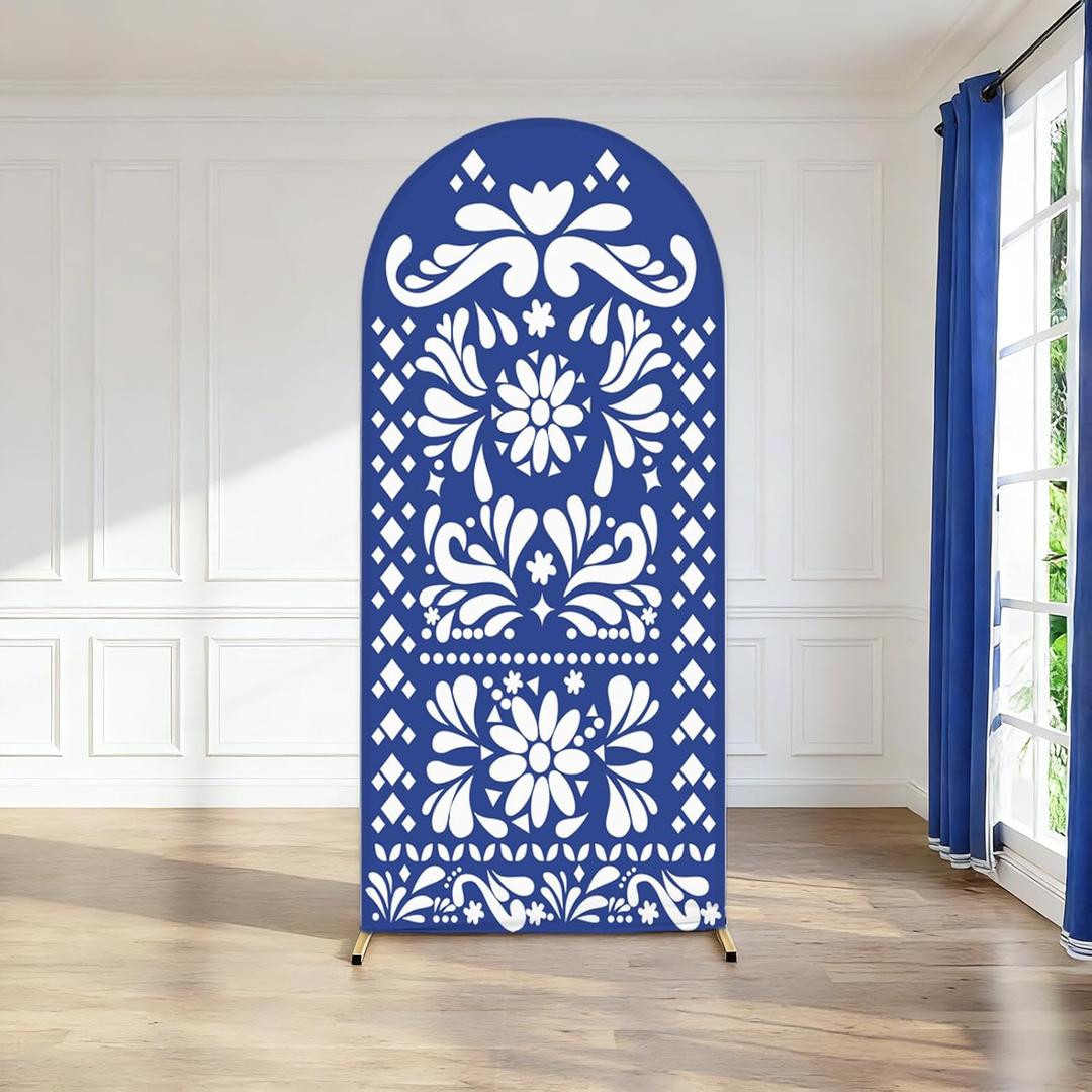 6ft Blue Mexican Fiesta Arch Cover Baby Shower Backdrop,2-Sided Round Top Chiara Backdrop Arch Covers for Mexican Wedding Birthday Bridal Shower Party Decoration