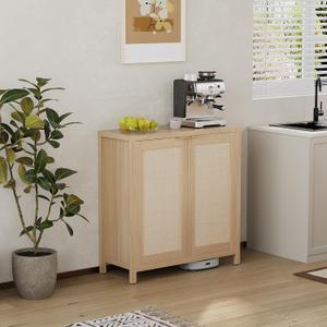 Farmhouse Kitchen Sideboard Buffet Storage Cabinet with Rattan Decorated Doors, Cupboard Console Table Wood Buffet Cabinet with Adjustable Shelves for Hallway Living Dining Room Entryway (Light Oak)