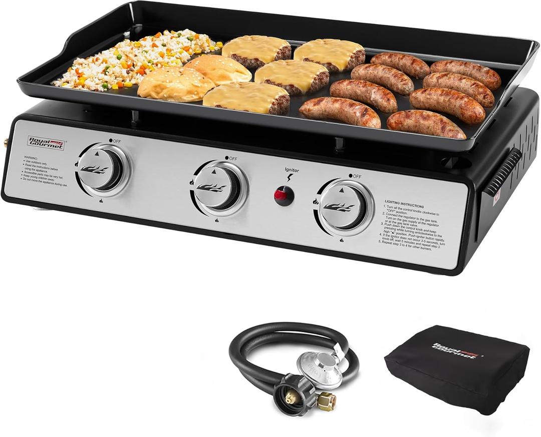 Royal Gourmet PD1301S Portable 24-Inch 3-Burner Table Top Gas Grill Griddle with Cover, 25,500 BTUs, Outdoor Cooking Camping or Tailgating, Black (Silver)