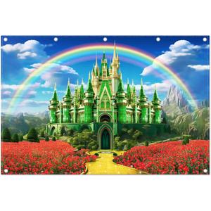 12x8ft Polyester Green Castle Backdrop Yellow Brick Road Rainbow Sky Photography Background Floral Banner Kids Party Decorations Photo Props