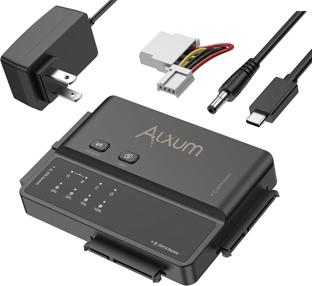 Alxum 3-in-1 USB C to SATA & IDE Adapter with Hard Drive Cloning - 5Gbps High Speed Data Transfer, Supports Simultaneous Reading of Two DrivesSATA III & IDE 133 HDD/SSD Included 12V2A Power Adapter