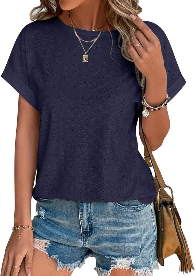 Bliwov Womens Tops Eyelet Embroidery Summer Spring Curved Hem Short Sleeve Trendy T Shirts Outfits Beach Vacation Clothes (X-Large, Navy Blue)