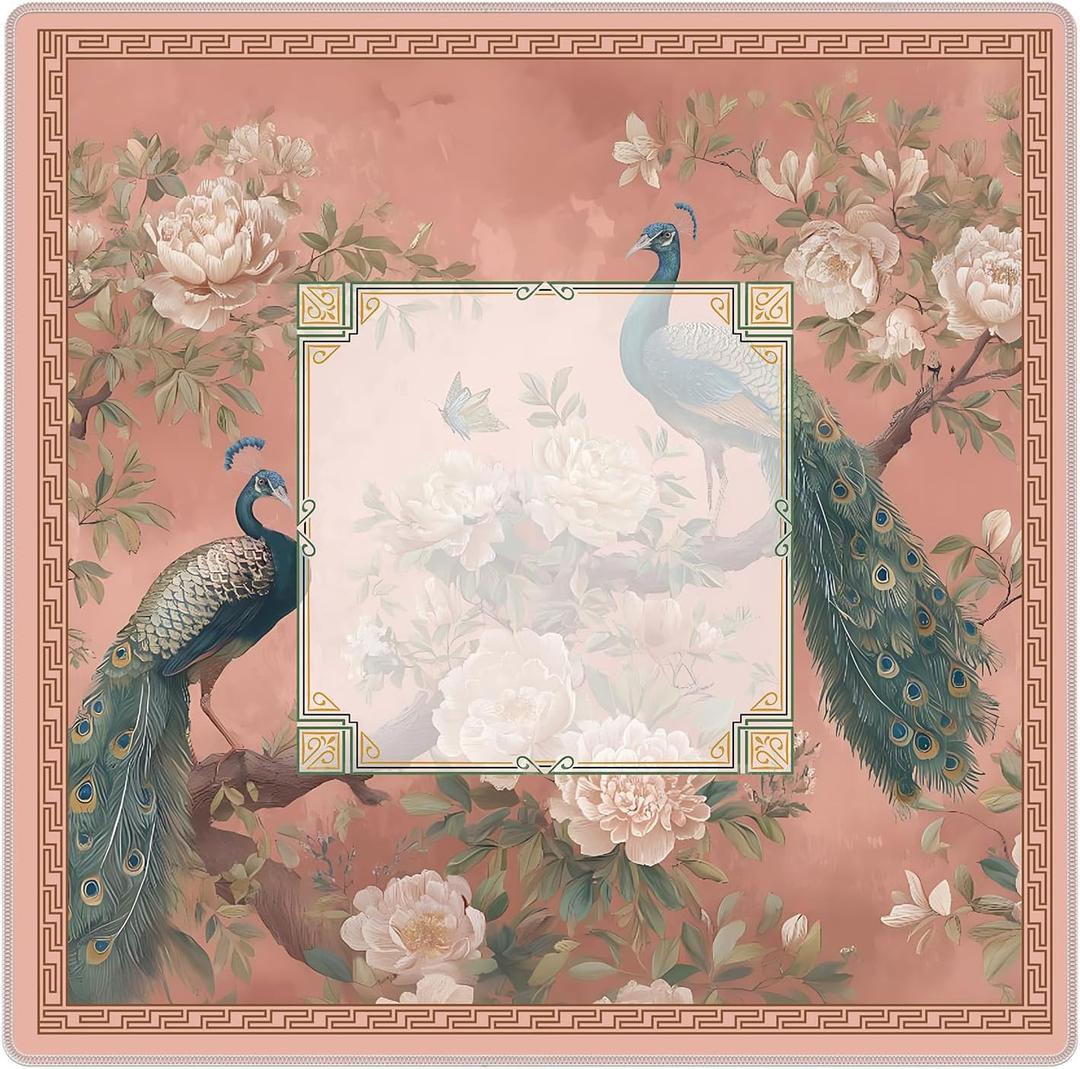 Pink Chinoiserie Floral Peacock Mahjong Mat, Oriental Chinese Bird Non-Slip Noise Reduction Gaming Mat 31.5 x 31.5 Inch for Table American Mahjong Games Card Games Poker Board Dominoes