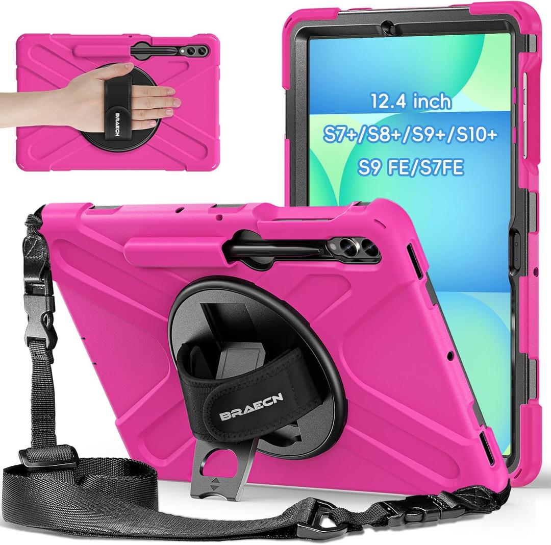 BRAECNstock Case for Samsung Galaxy Tab S10+ Plus/S9 Plus/S9 FE+/S8 Plus/S7 Plus /S7 FE 5G 12.4", Heavy Duty Shockproof Cover with Pen Holder, 360° Rotating Hand Strap & Stand, Shoulder Strap, Rose