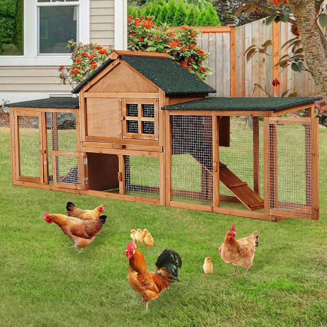GarveeLife 80 in Wooden Rabbit Hutch, Outdoor Chicken Coop, Bunny Hutch Guinea Pig Pet House Bunny Cage with Double Side Runs, Weatherproof Roof, Removable Tray, Ramps for Small Animals