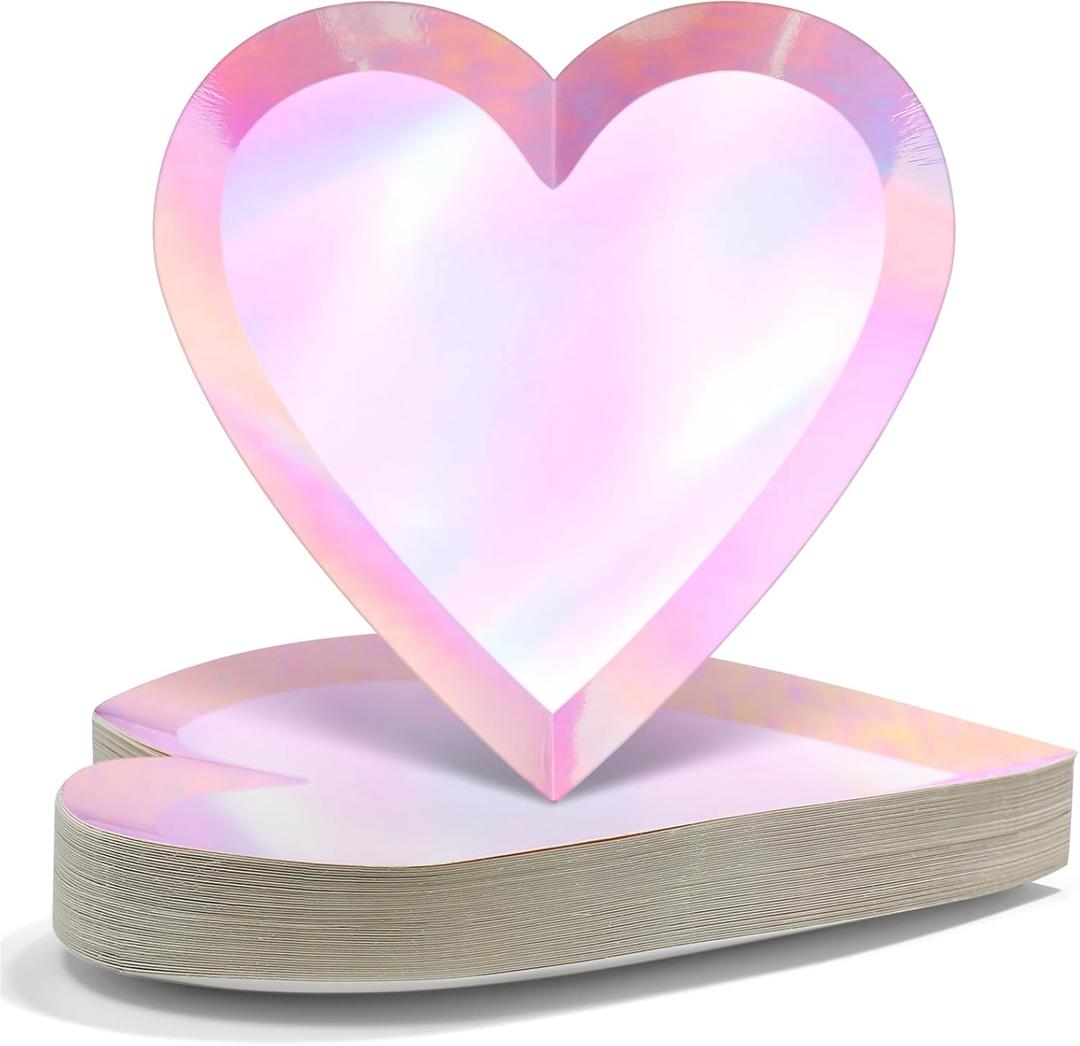 Yungyan 50 Pcs Pink Heart Shaped Dessert Plates, Holographic Disposable Paper Plates Iridescent Foil Paper Dishes for Valentine's Day Birthday Wedding Party Decorations Supplies