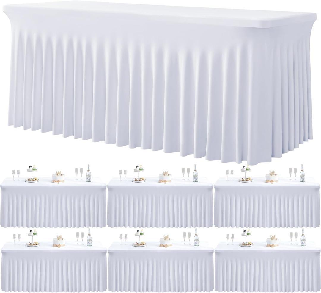 6 Pack Spandex White Table Clothes for 6 Foot Rectangle Tables, Wrinkle Free Stretch Table Cloths 6ft Fitted Tablecover Desk Skirt for Birthday Parties Wedding Banquet Baby Shower