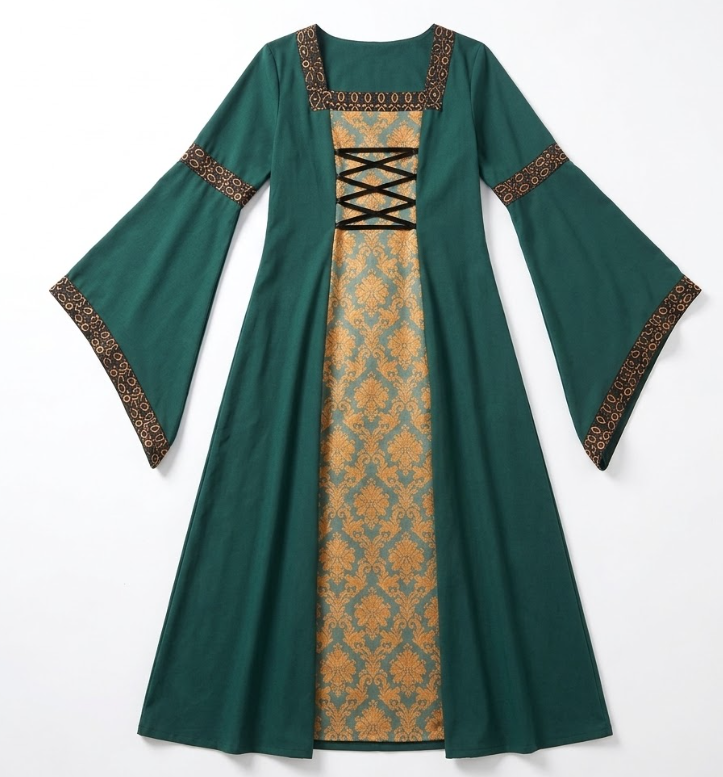 Renaissance Medieval Costume Dress Green Damask Bell Sleeve (Size Medium, Renfaire)