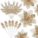 Alupssuc 24 PCS Christmas Tree Decorations, 12 PCS Poinsettia Flowers Artificial+6 PCS Glitter Holly Berry Stems+6 Berry Leaves Christmas Tree Picks for Party Wreath Fireplace, Champagne Gold