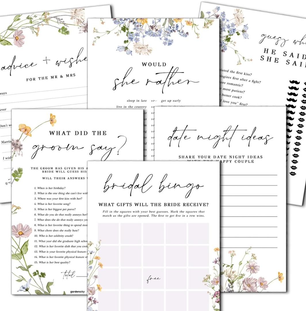 GardenCity Bridal Shower Games Set for 25 Guests - 6 Fun Activities, Double-Sided Cards (Floral)