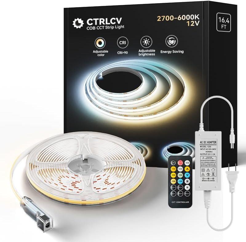 CtrlCV Tunable COB LED Strip Light Kit Dimmable 2700K-6500K Tape Light with IR Remote Adapter Flexible Rope LED Ribbon for Bedroom Home Lighting Mirror Kitchen Bar Cabinet Daylight Warm White
