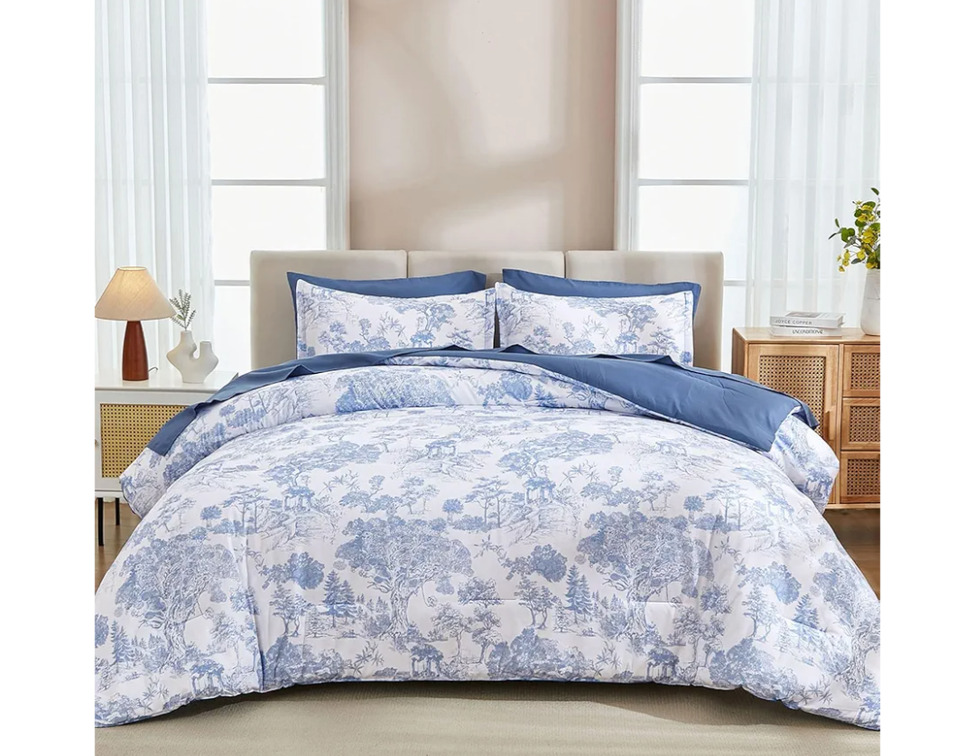 DJY Blue Comforter Set Queen, 7 Pieces Bed in a Bag Queen Size Botanical Comforters with Sheets Elegant Plants Print Soft Microfiber Reversible Complete Bedding Sets for All Season