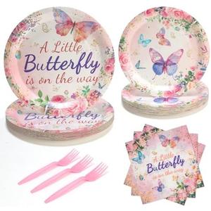 PCLMLES 96Pcs Butterfly Birthday Decorations,Pink and Purple Floar Paper Plates and Napkins, Forks Girls Birthday Baby Bridal Shower Party Supplies Butterfly Party Decorations, Serve 24
