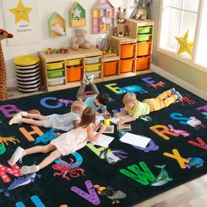 Classroom Rug Elementary Colorful Alphabet Kids Rugs for Playroom Machine Washable Nursery Rugs for Children Toddlers Bedroom (3' x 5' (Rectangular), Charcoal)