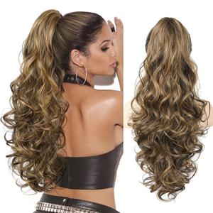 LONAI Ponytail Extension for Women, 26 Inch Claw Clip Ponytail Extensions Wavy Curly Pony Tail Clip in Hair Natural Looking Synthetic Hairpiece for Daily Wear Chocolate Brown with Medium Blonde