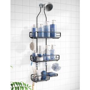 Shower Caddy Hanging Bathroom Organizer: Over Head Adjustable Rack for Tall Showerhead - Extra Large Storage Shelf for Big Shampoo Bottles with Soap Holder (Black)