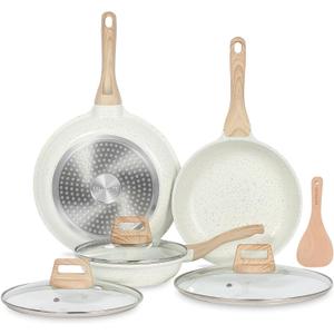 ESLITE LIFE Nonstick Ceramic Frying Pans Skillets Set with Lids, Non-Toxic Egg Omelette Kitchen Cooking Pans Compatible with All Stovetops (Gas, Electric & Induction), PTFE & PFOA Free (White) (8"+9.5"+11" Set w/Lids)