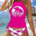 Women's Funny Graphic Drawstring Halter Two Piece Tankini Set Summer Swimwear Beach Vacation Swimsuits (Pink, L)