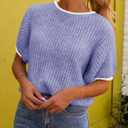 Saodimallsu Womens Puff Short Sleeve Sweater Tops Spring Summer Color Block Ribbed Knit Crew Neck Going Out Shirts Purple (Purple)
