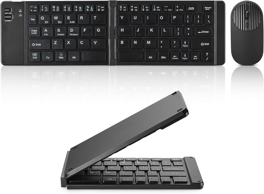 Mini Rechargeable Foldable Bluetooth Keyboard and Mouse Combo, Portable (Sync Up to 3 Devices), Ultra-Slim Travel Folding Keyboard for iPhone iPad Mac Android Windows iOSBlack