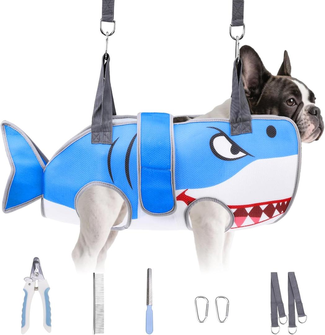 Dog Grooming Hammock for Small Dogs Cats, Cute Shark Design Dog Hanging Harness for Nail Trimming/Clipping, Pet Sling with Grooming Kit and Thick Neck Support & Strap Restraint Claw Care,XS