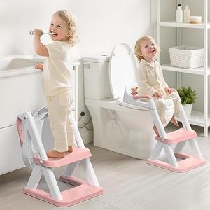 SKYROKU 8868 Potty Training Seat with Step Stool - Adjustable Height, Non-Slip, Splash-Proof, Foldable 2-in-1 Toddler Potty Seat with Armrests and Replaceable Cushion - Fits Most Toilets (Pink)