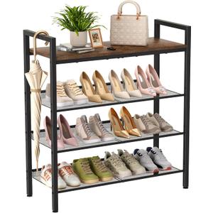 Shoe Rack for Front Door Entrance, 4 Tier Shoe Rack for Entryway, 12-16 Pairs of Shoes, Metal Shoe Rack Organizer, Free Standing Shoe Rack for Closet (Black+Rustic Brown) (4 Tier (11.81"D x 29.33"W x 30.31"H))