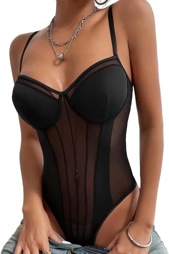 Lilosy Sexy Wireless Strappy Mesh Corset Lingerie Bodysuit Top (Large, Black)