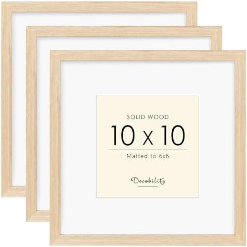 10x10 Picture Frame Made with Solid Wood Set of 3, Display 6x6 with Mat or 10x10 without Mat, Wall Gallery Frame Set with Tempered Real Glass, Tabletop or Wall Mounting Display (3 Pack of Oak)