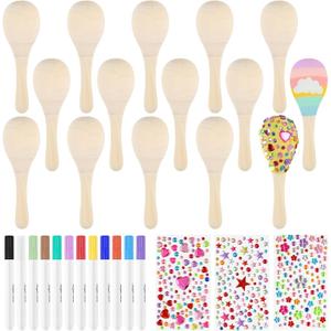 PLULON 15 Pcs Mini Wooden Maracas for Kids Unfinished Wood Maracas Bulk with 15 Pcs Colorful Painting Tools for Fiesta Party Decorations Mexican Party Favors Cinco De Mayo Party Supplies