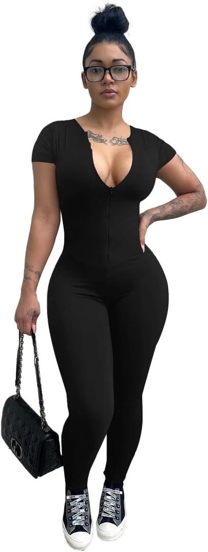Mrskoala Women Summer Jumpsuits One Piece Dressy Short Sleeve Casual Zipper Romper Black XL (Black, XL)